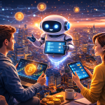 Inteligență artificială analizând grafice de criptomonede într-un mediu digital futurist