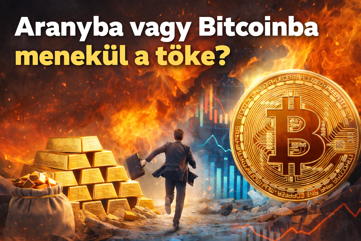 Aranyrudak és Bitcoin érme válság idején – befektetői menedék eszközök illusztrációja
