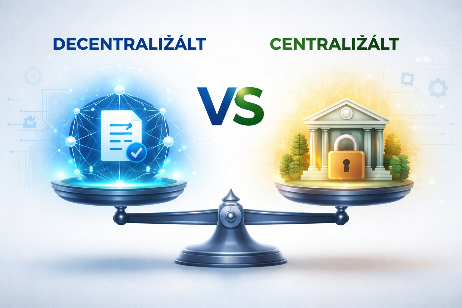 Decentralizált és centralizált pénzügyi rendszer összehasonlítása mérleg ábrával