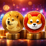 Dogecoin és Shiba Inu kriptovaluta érmék digitális illusztráción, amerikai kriptopiaci trend háttérrel