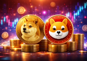 Dogecoin és Shiba Inu kriptovaluta érmék digitális illusztráción, amerikai kriptopiaci trend háttérrel