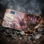 Elégetett 500 eurós bankjegy a pénzügyi veszteség szimbolikus ábrázolására